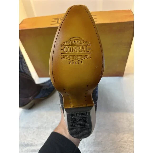 Corral Boots Cowgirl Overlay Embroidered Long Metal Fringe Blue Women SZ 7 - Picture 9 of 13